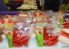 Seedless sweet peppers, grown in shade houses in Mexico.